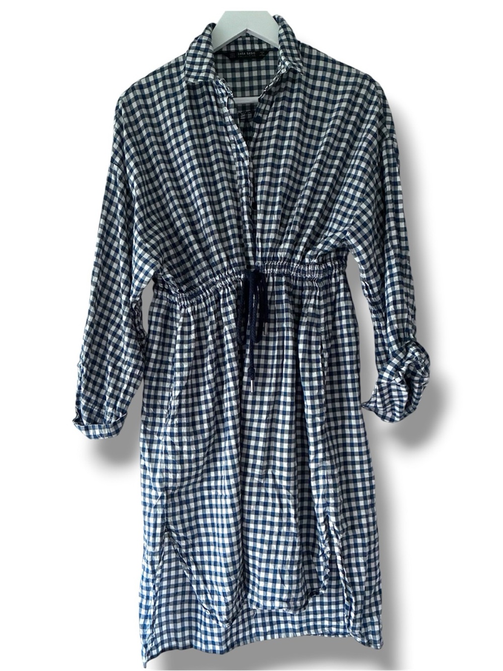 ZARA Gingham Navy Blue & White Shirtdress (Sz Small)